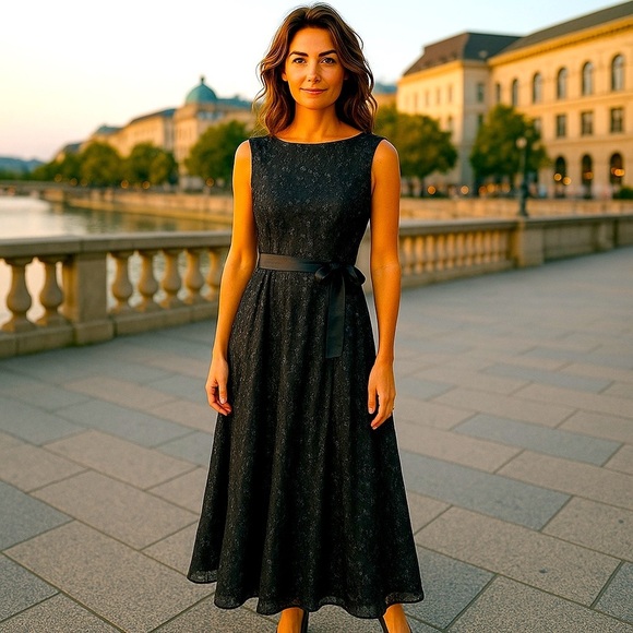 Tahari Dresses & Skirts - TAHARI Women’s SZ 6 Elegant Black Floral Lace Prom Dress Bateau Neckline